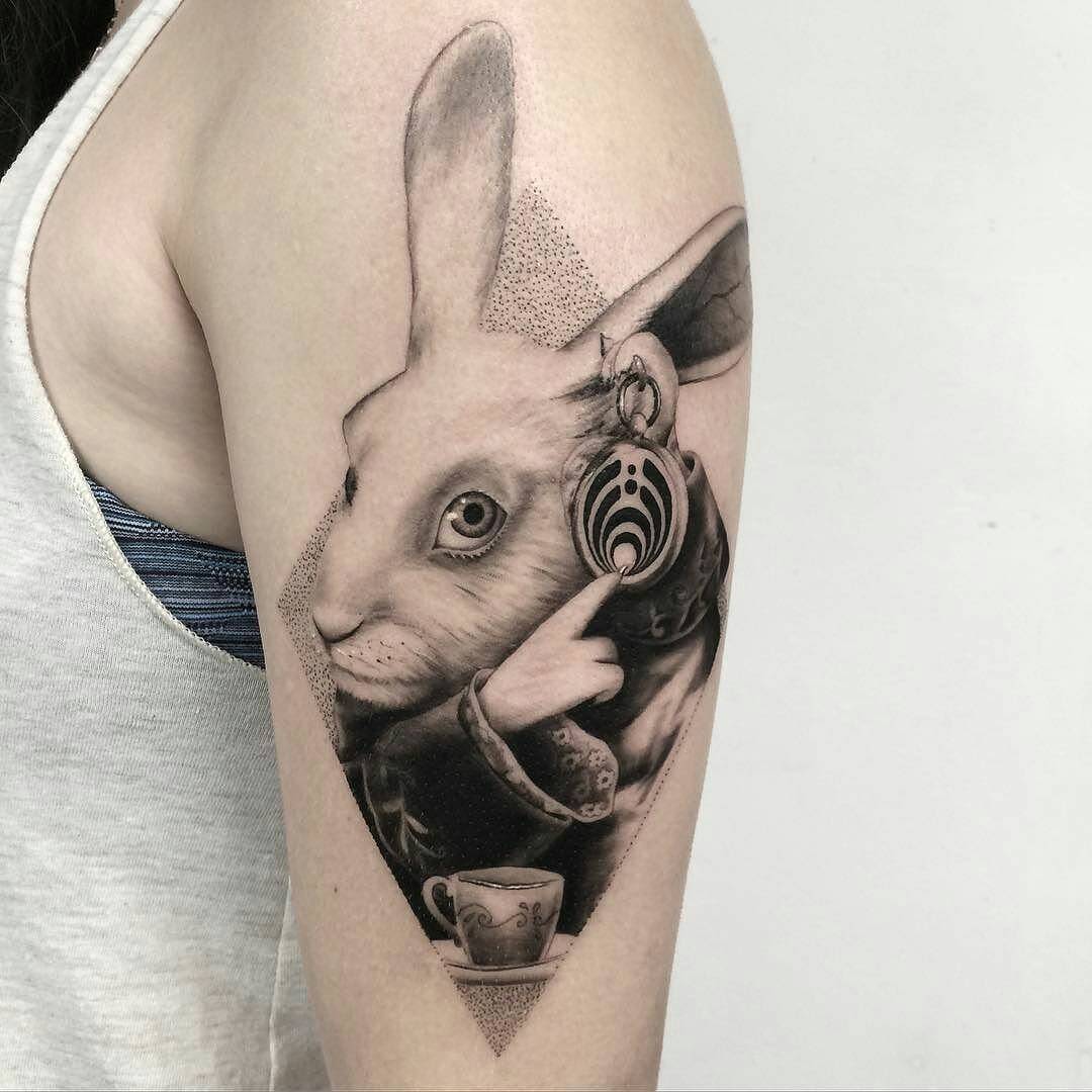 Alice in wonderland white rabbit time clock tattoo